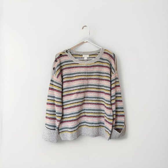 Caslon Abstract Stripe Sweater Rolled Cuffed Sleeves RN 58665 Button Shoulder - Picture 1 of 6